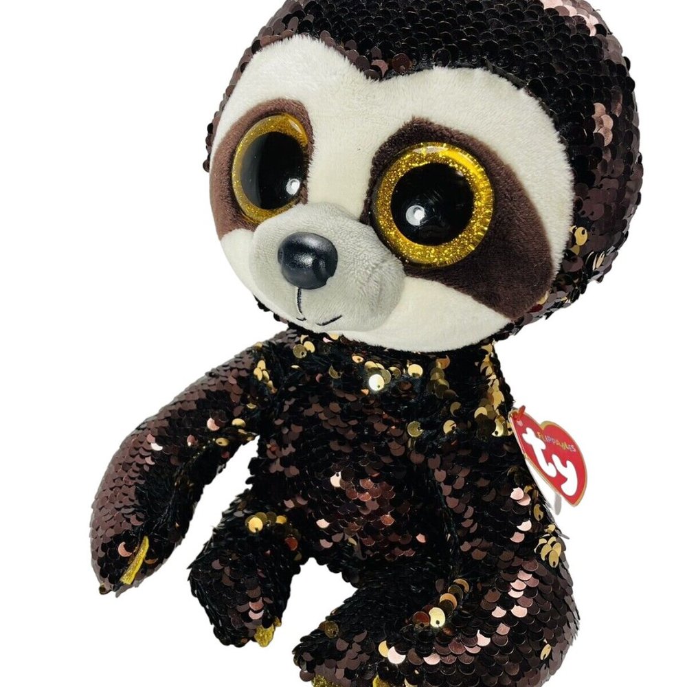 TY FLIPPABLES Dangler Sloth 10" sequins change color Brown Gold February Birth